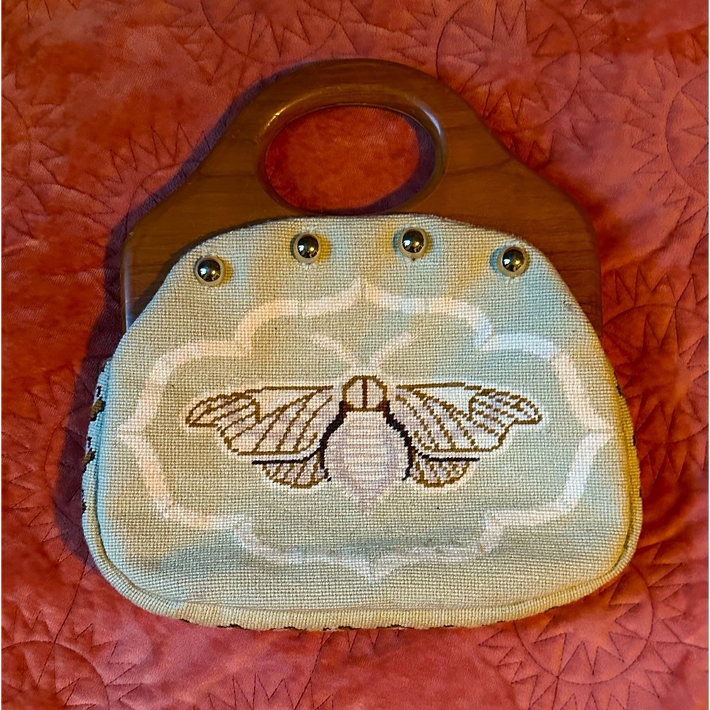 Victoria Needlework vintage purse featuring Luna moth embroidery.